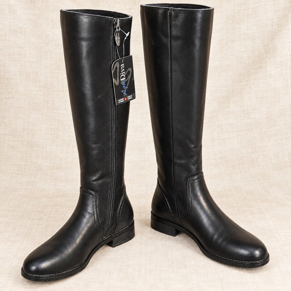 AquaDiva Montreal Tall Boots Womens 6 M Black Leather Zip AD1113